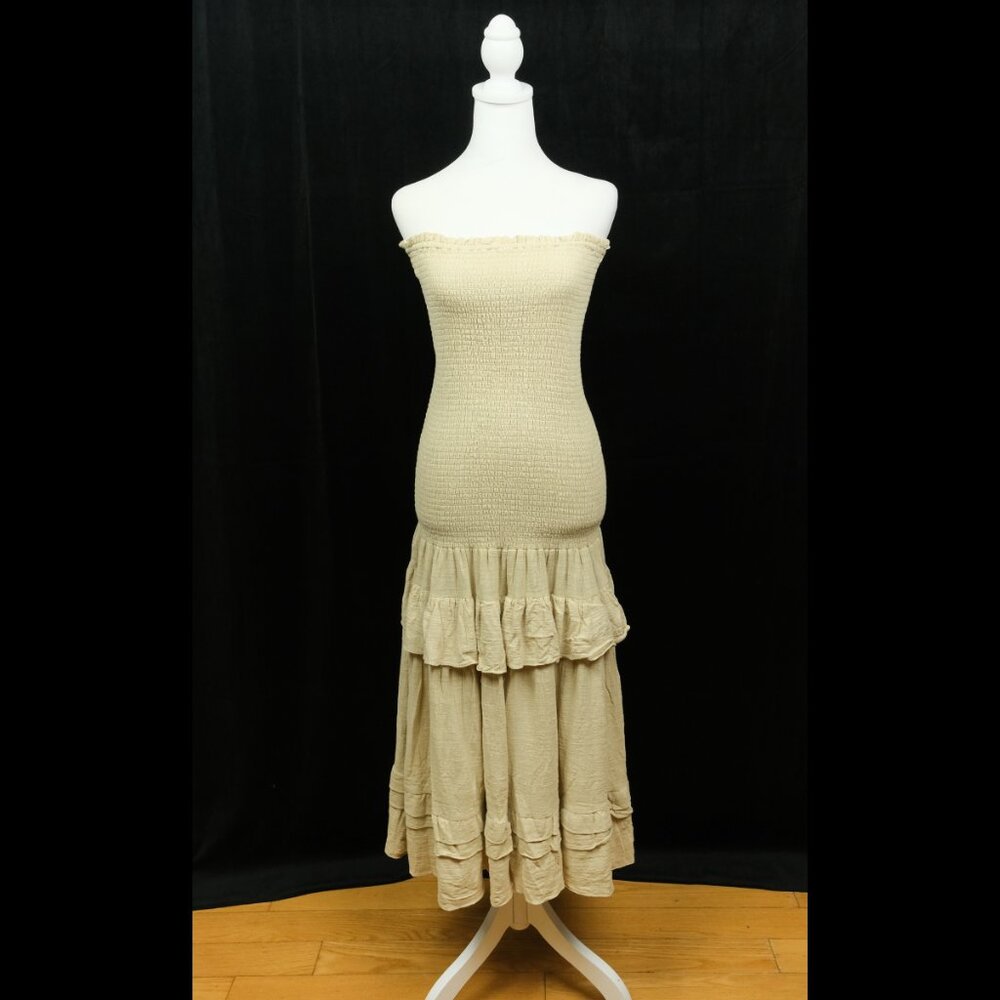 jluxlabel strapless, smocked, ruffled maxi dress in a light beige or ivory color - Picture 2 of 6